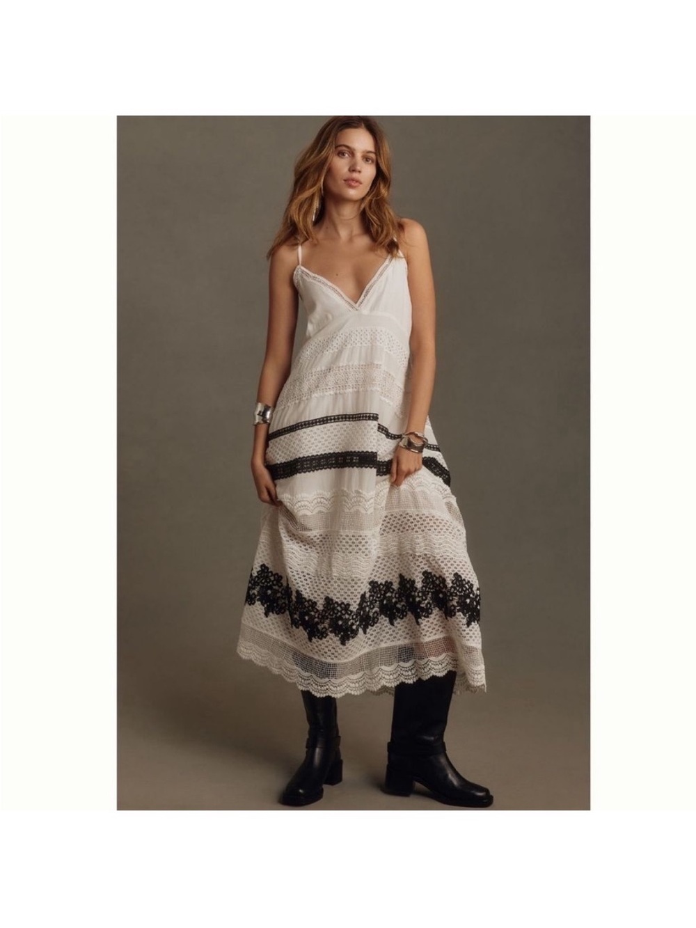 By Anthropologie Off White Maxi Slip Dress with Black Lace Trim